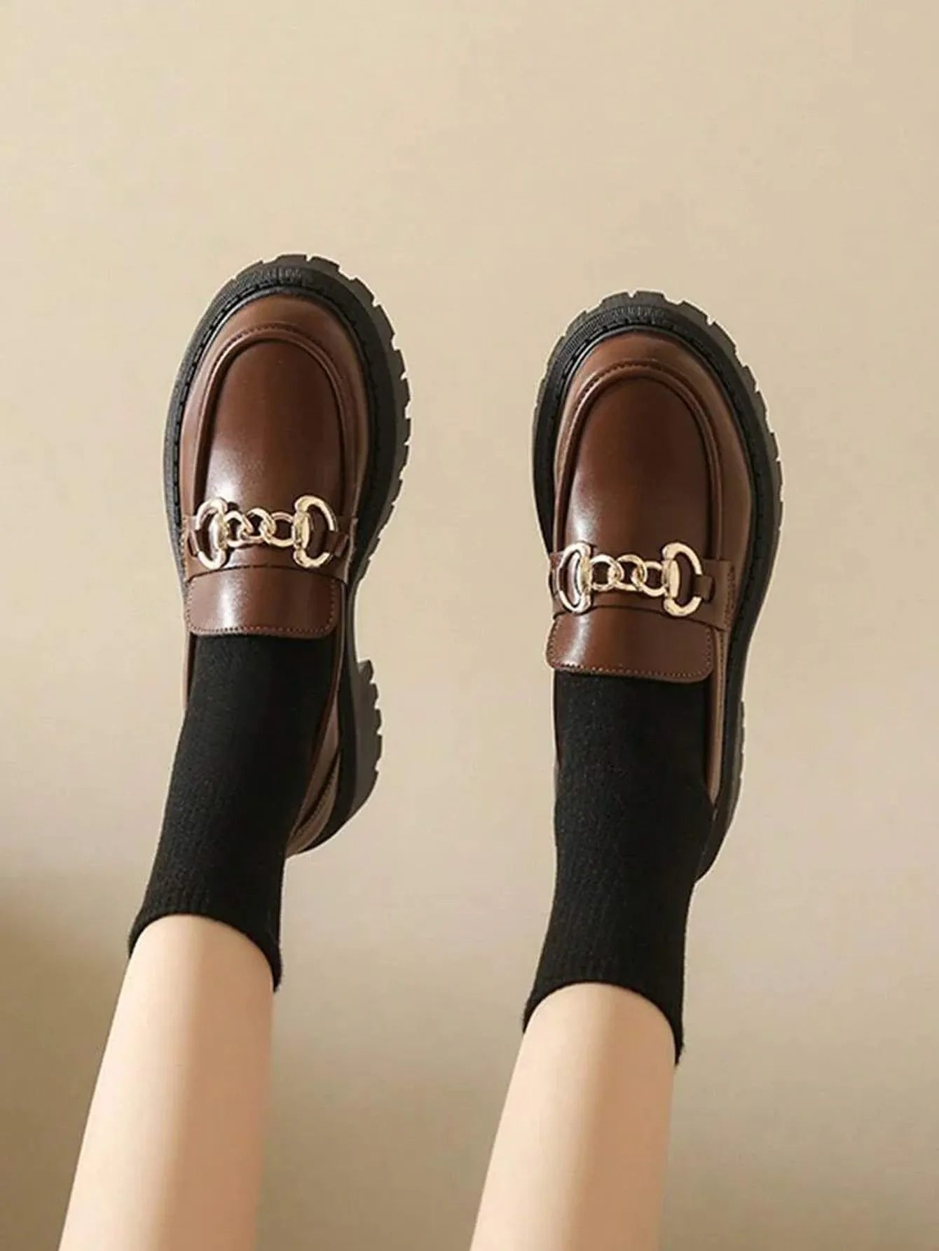 Chunky Heel Loafers With Thickened Sole