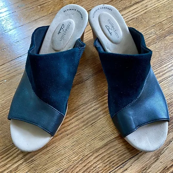Clarks Two-Tone Lafley Wave Leather Black Wedge Size 9.5