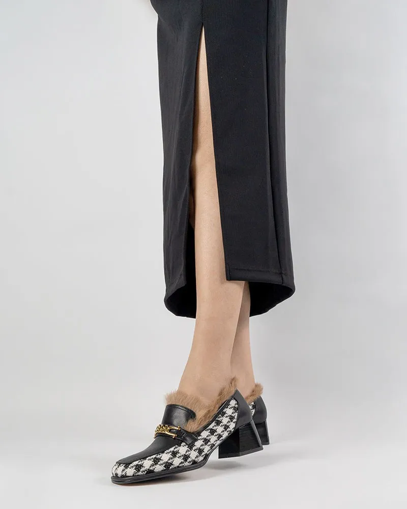 (Clean Up - US 6.5) Classic Houndstooth Chunky Heel Chainlink Loafers