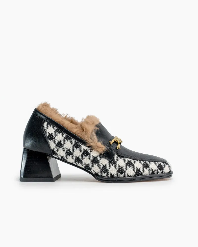 (Clean Up - US 6.5) Classic Houndstooth Chunky Heel Chainlink Loafers