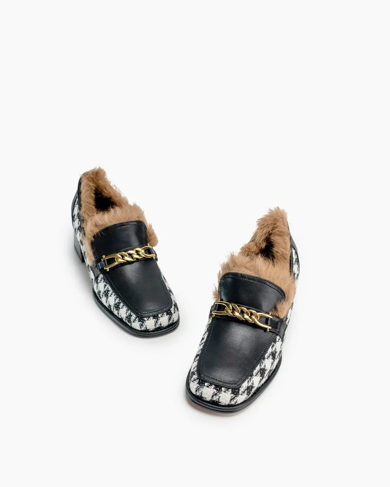 (Clean Up - US 6.5) Classic Houndstooth Chunky Heel Chainlink Loafers