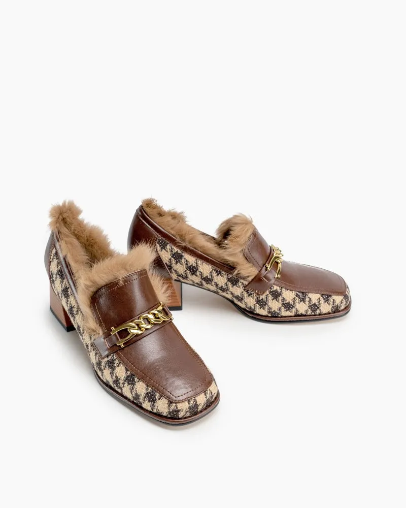 (Clean Up - US 6.5) Classic Houndstooth Chunky Heel Chainlink Loafers