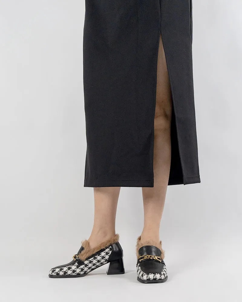 (Clean Up - US 6.5) Classic Houndstooth Chunky Heel Chainlink Loafers