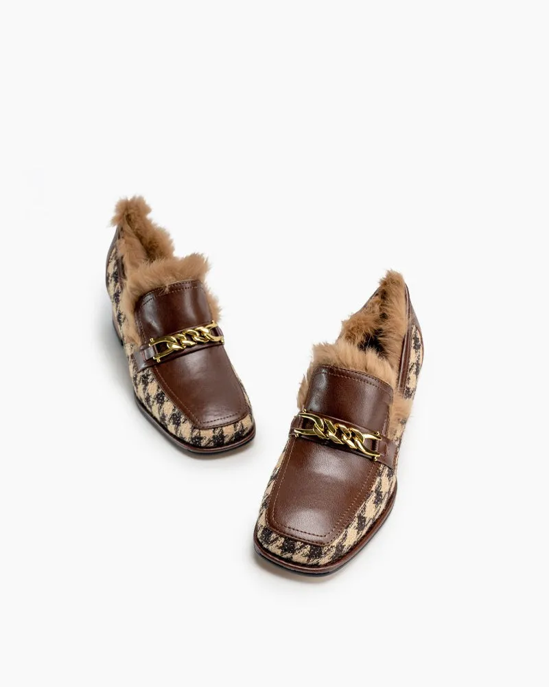 (Clean Up - US 6.5) Classic Houndstooth Chunky Heel Chainlink Loafers
