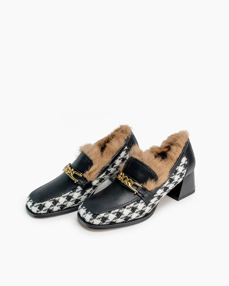 (Clean Up - US 6.5) Classic Houndstooth Chunky Heel Chainlink Loafers