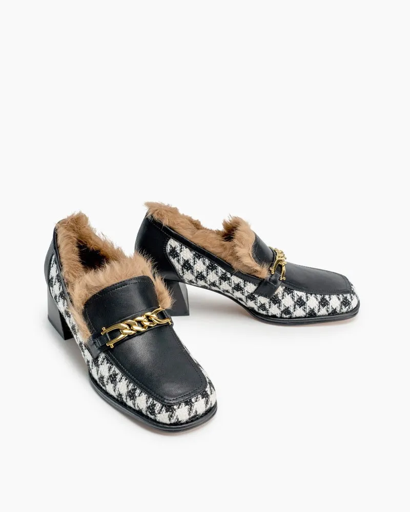 (Clean Up - US 6.5) Classic Houndstooth Chunky Heel Chainlink Loafers