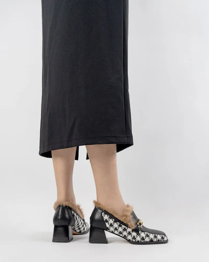 (Clean Up - US 6.5) Classic Houndstooth Chunky Heel Chainlink Loafers