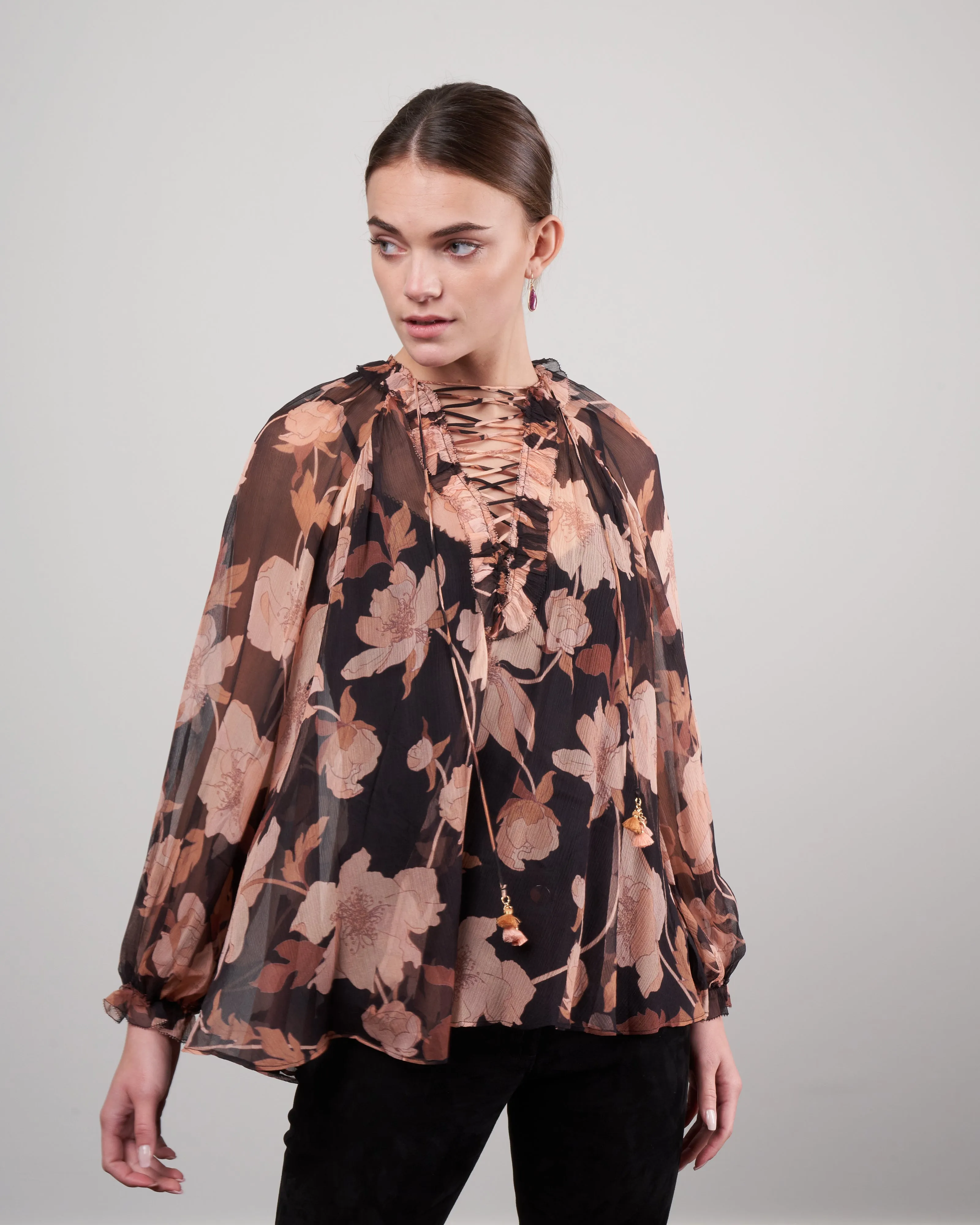 concert lace-up blouse - black peonies blkpeos