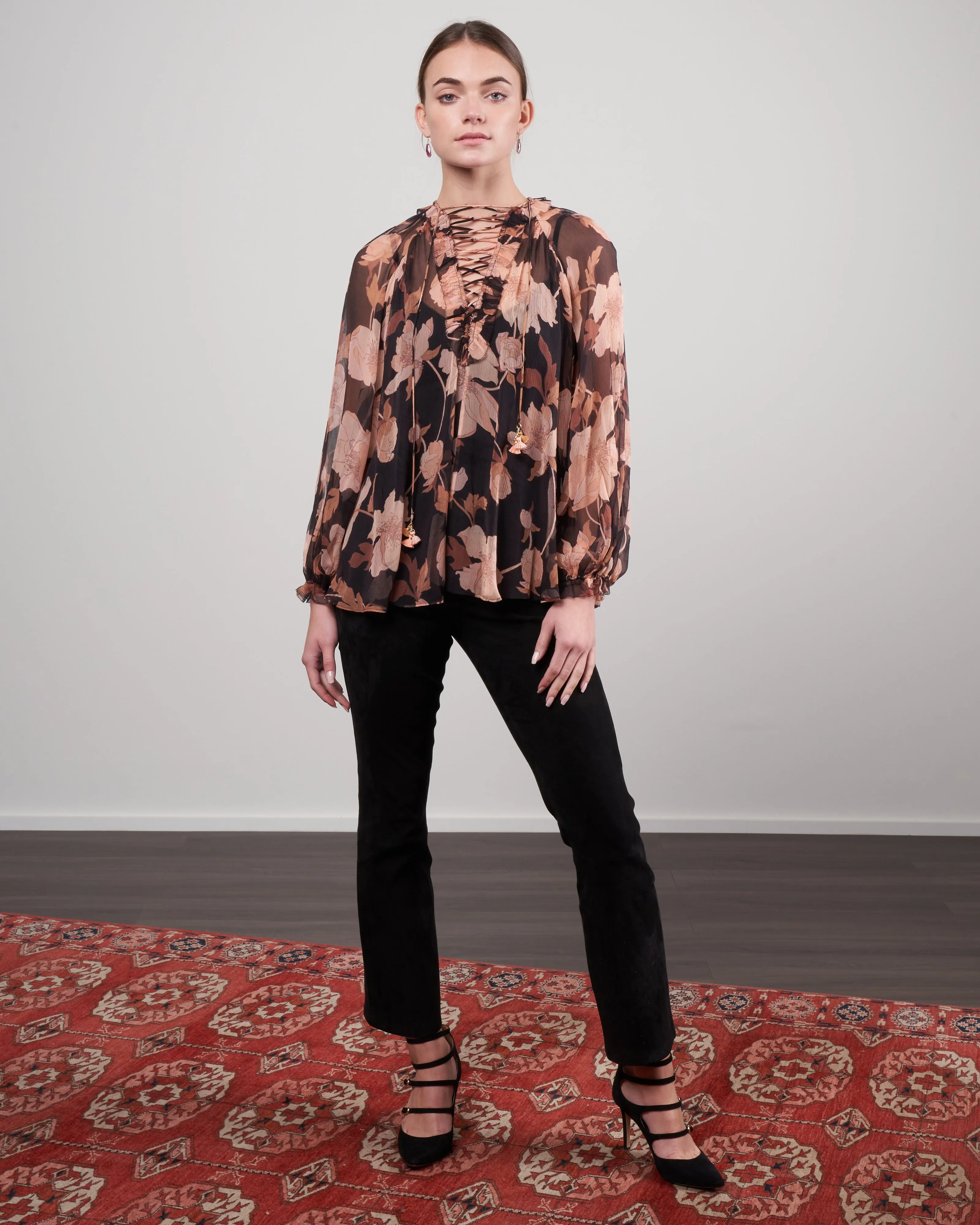 concert lace-up blouse - black peonies blkpeos
