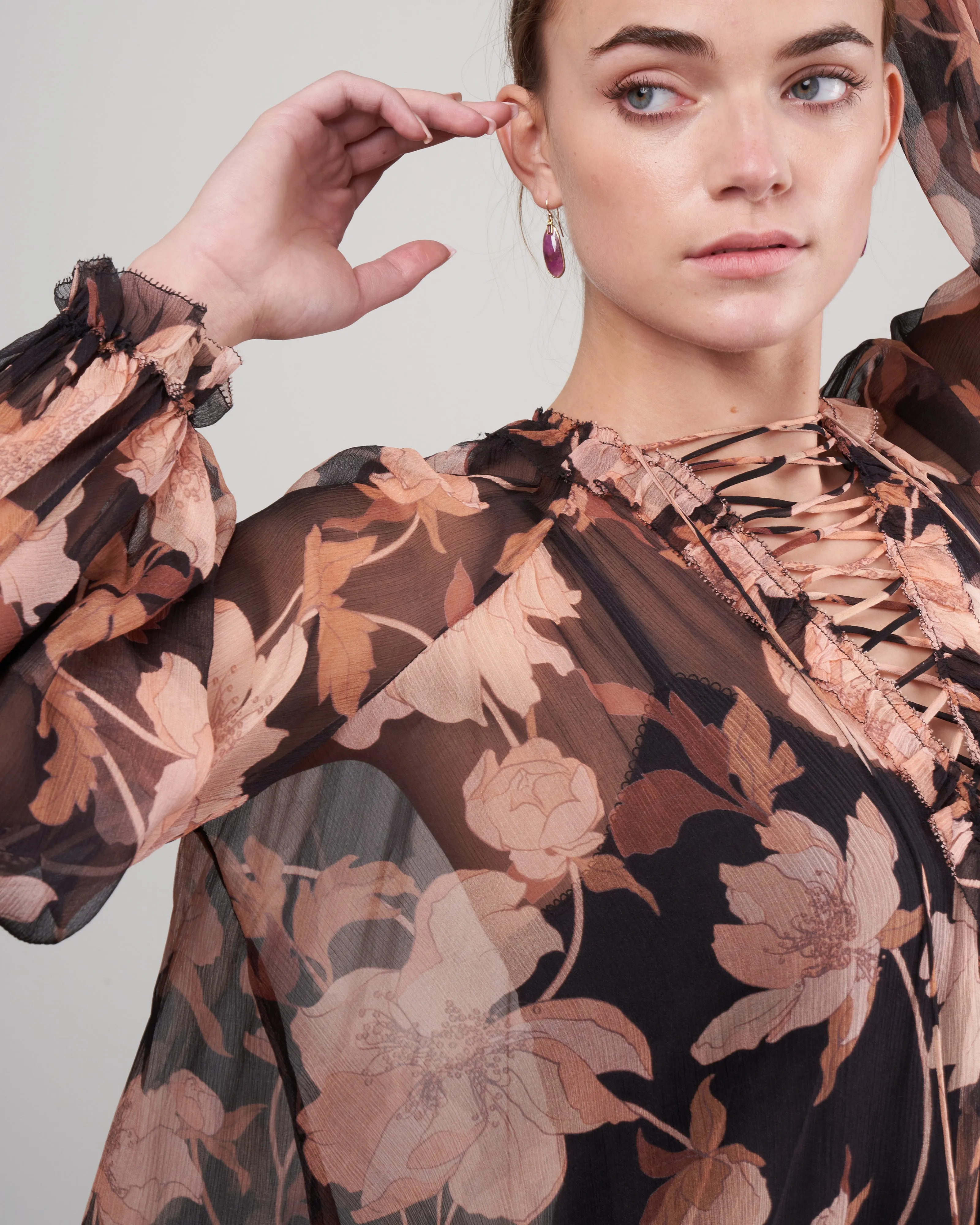 concert lace-up blouse - black peonies blkpeos