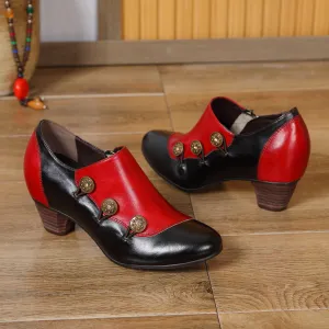 CrazycatZ Leather Pumps,Womens Colorful Vintage Block Heel Oxford Vintage Shoes Pumps Buttoned Deco Red
