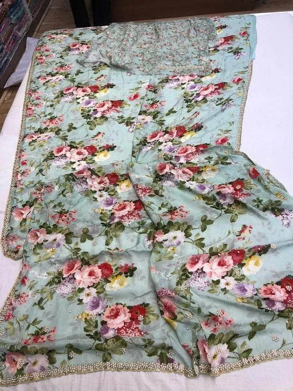 Crepe Floral Pearl Work Saree