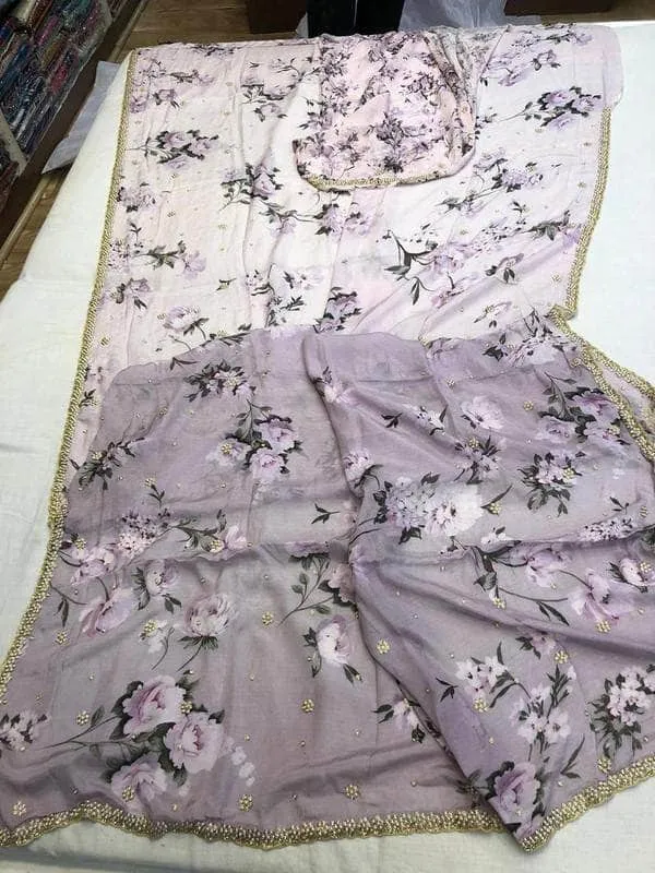 Crepe Floral Pearl Work Saree