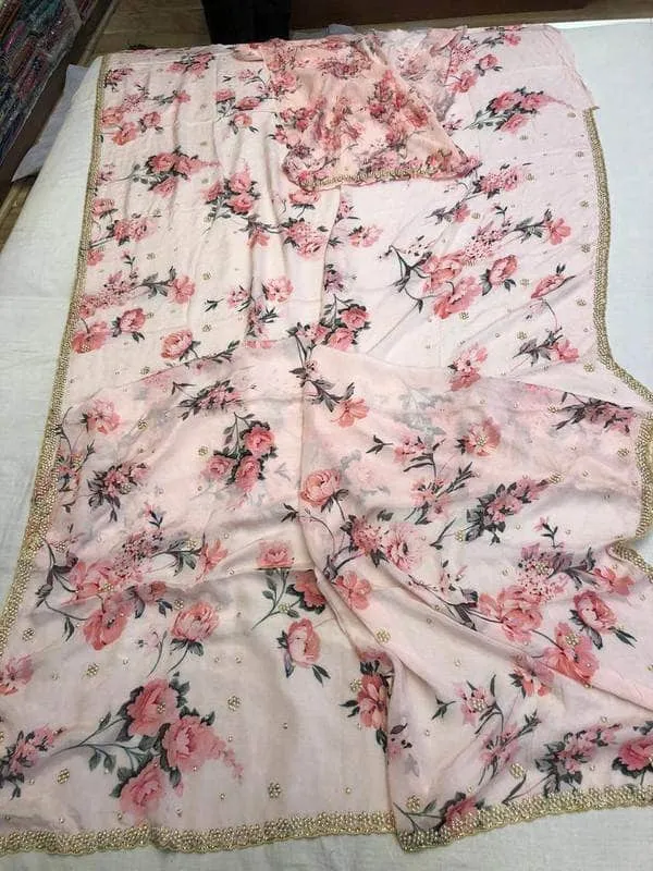 Crepe Floral Pearl Work Saree