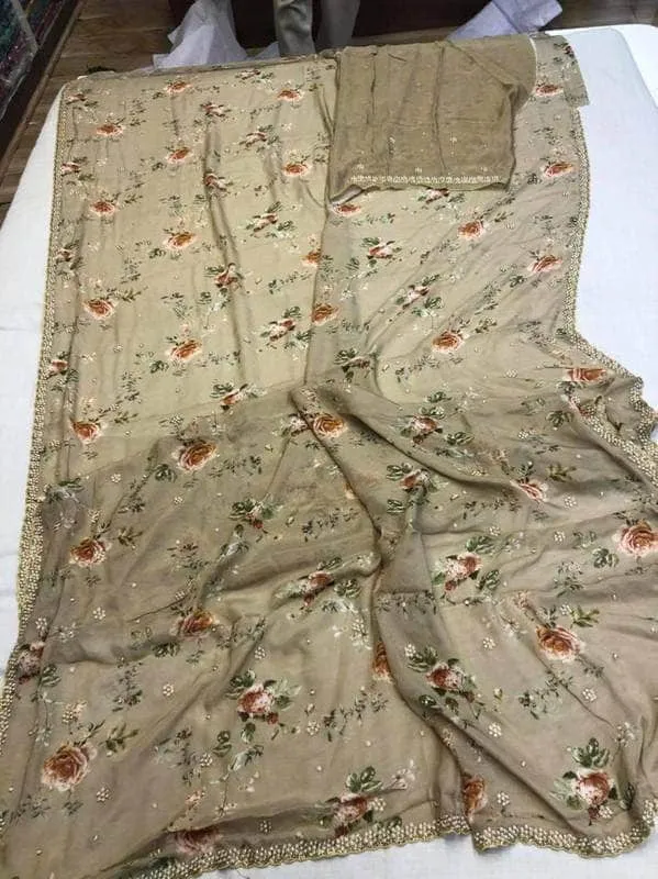 Crepe Floral Pearl Work Saree