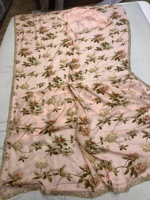 Crepe Floral Pearl Work Saree