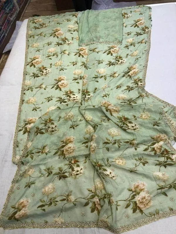 Crepe Floral Pearl Work Saree