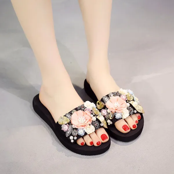 Crystal Auger Pearl Flower Platform Sandals Beach Slippers Shoes