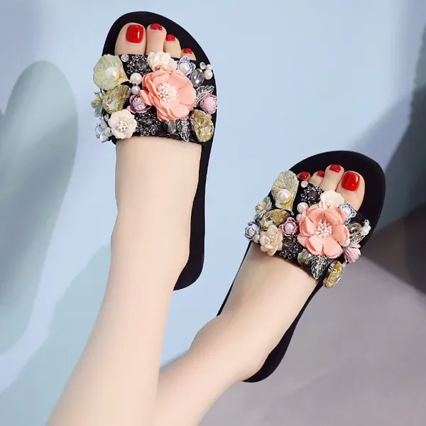 Crystal Auger Pearl Flower Platform Sandals Beach Slippers Shoes