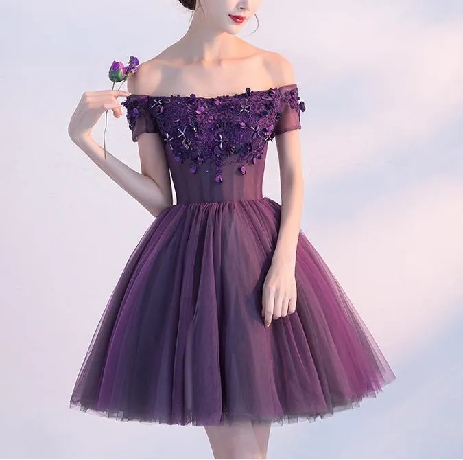 Cute A line Purple Homecoming Dress,Off-shoulder Short Sexy Appliqued Prom Dress OK379