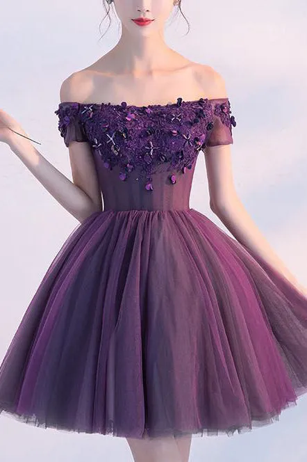 Cute A line Purple Homecoming Dress,Off-shoulder Short Sexy Appliqued Prom Dress OK379
