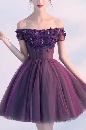 Cute A line Purple Homecoming Dress,Off-shoulder Short Sexy Appliqued Prom Dress OK379