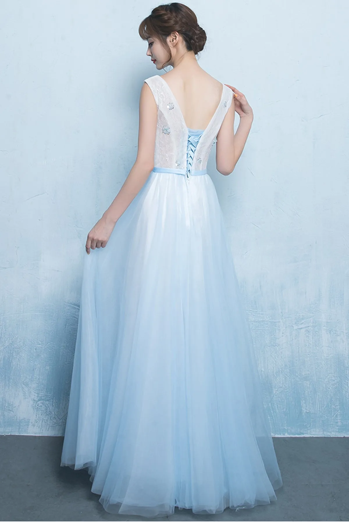 Cute A Line Scoop Neck Long Blue Chiffon Tulle Prom Dress Party Dresses OHC494