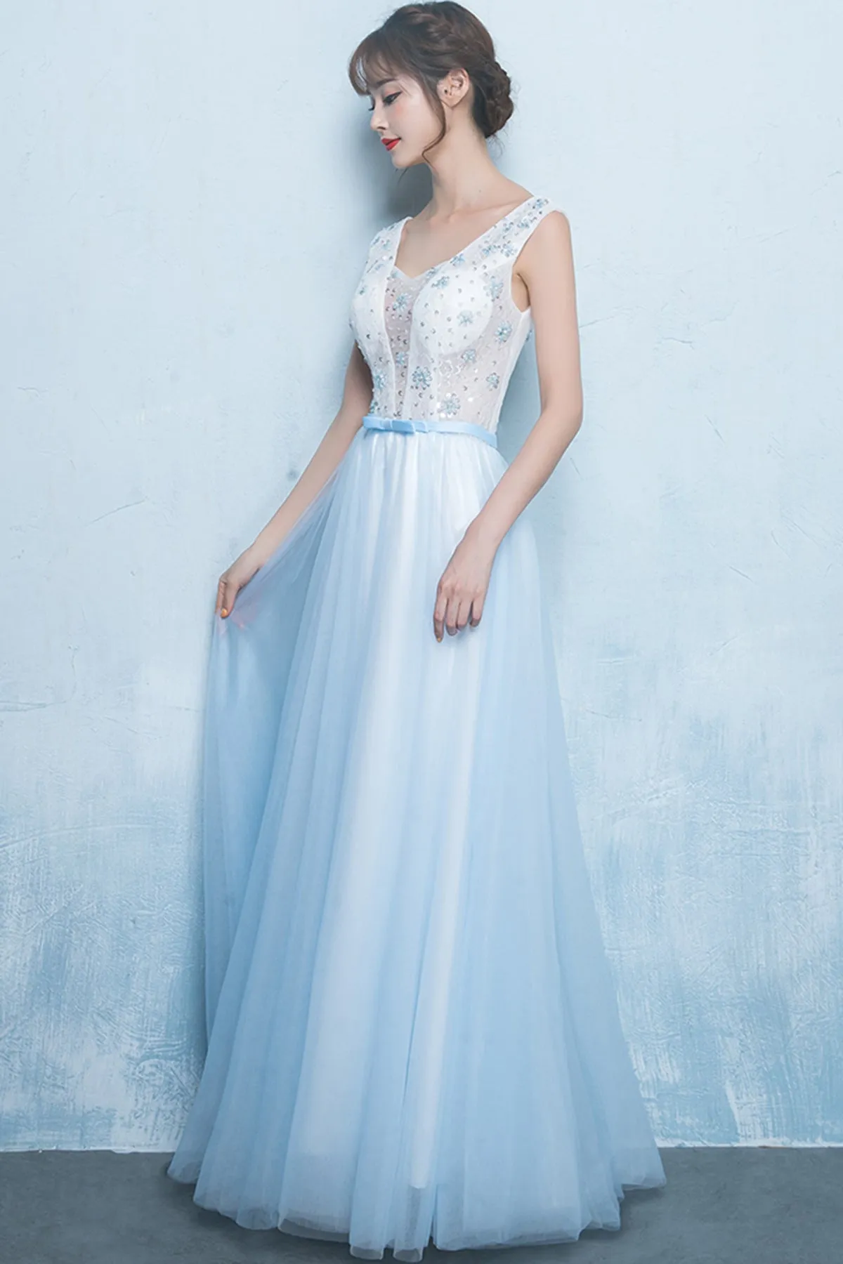 Cute A Line Scoop Neck Long Blue Chiffon Tulle Prom Dress Party Dresses OHC494