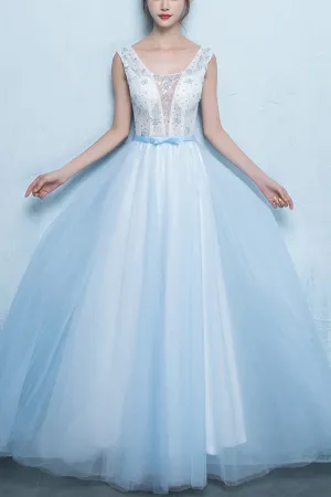 Cute A Line Scoop Neck Long Blue Chiffon Tulle Prom Dress Party Dresses OHC494