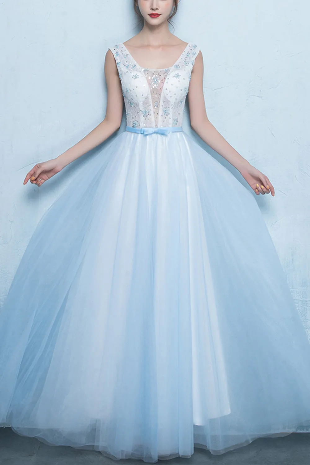 Cute A Line Scoop Neck Long Blue Chiffon Tulle Prom Dress Party Dresses OHC494