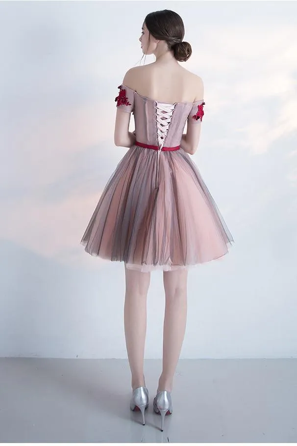 Cute Homecoming Dress Sleeveless Off The Shoulder Tulle Hand-Made Flower Short Prom Dress Party Dress OHM125