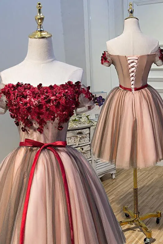 Cute Homecoming Dress Sleeveless Off The Shoulder Tulle Hand-Made Flower Short Prom Dress Party Dress OHM125