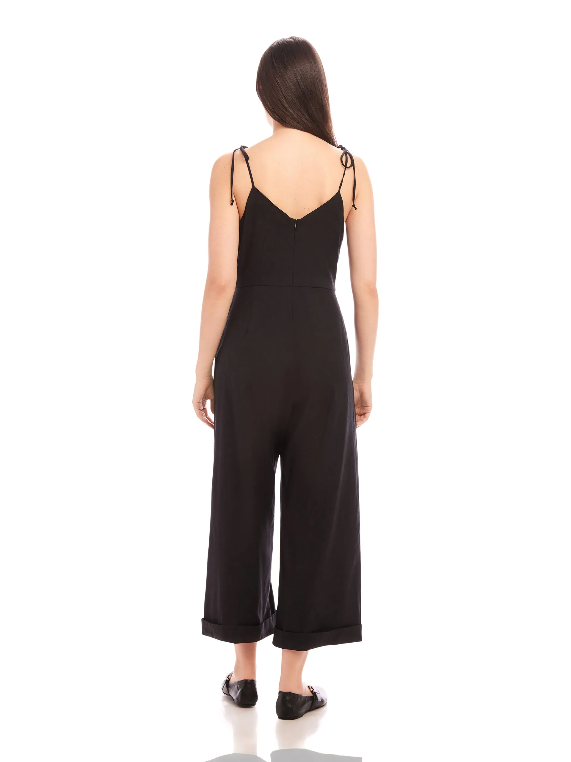 DANA STRETCH LINEN CROPPED JUMPSUIT - BLACK
