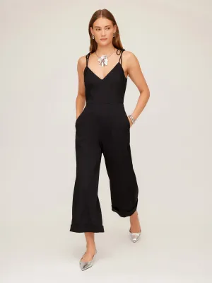 DANA STRETCH LINEN CROPPED JUMPSUIT - BLACK