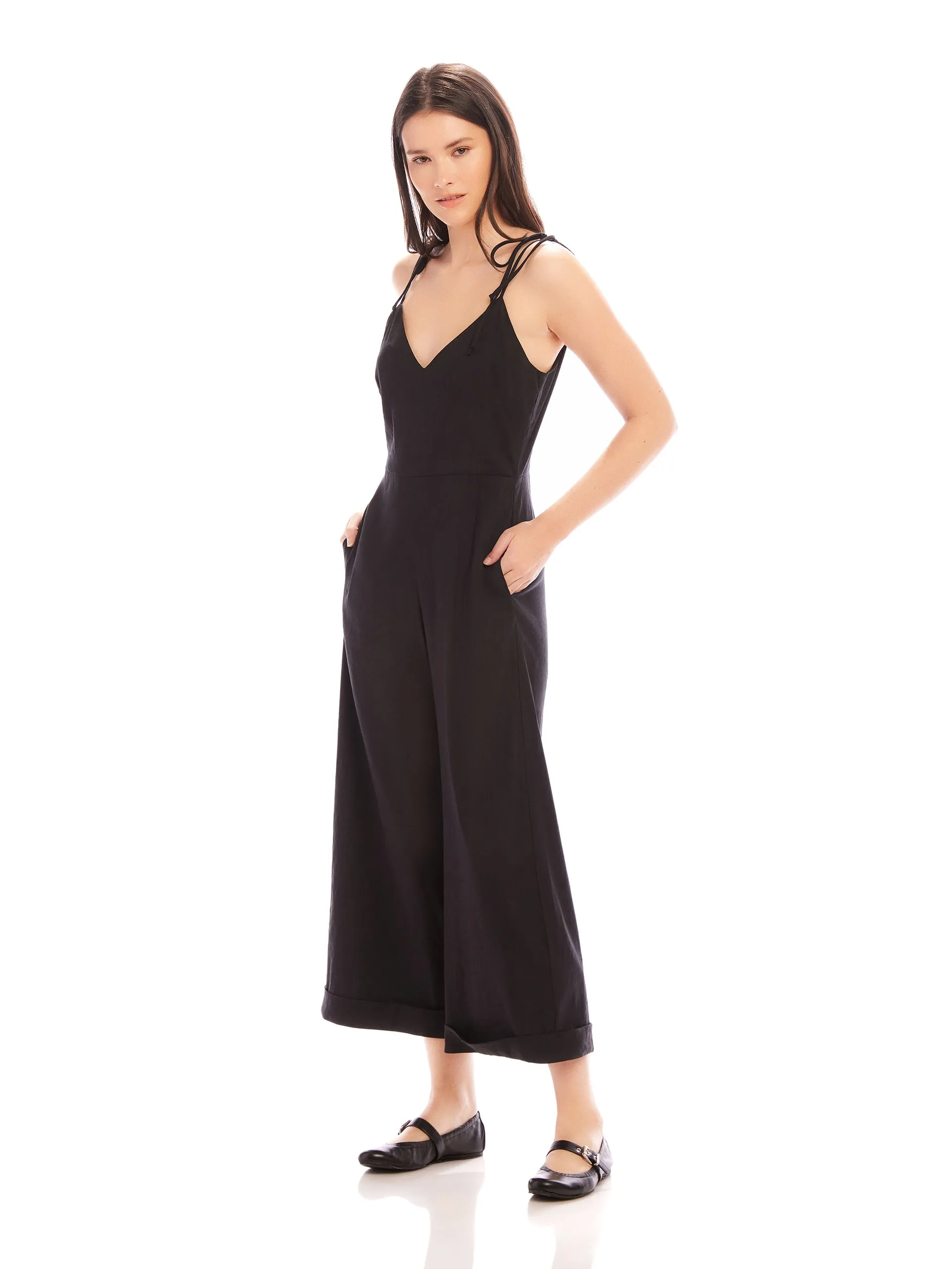 DANA STRETCH LINEN CROPPED JUMPSUIT - BLACK