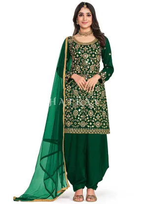 Dark Green Mirror Work Embroidery Patiala Salwar Kameez