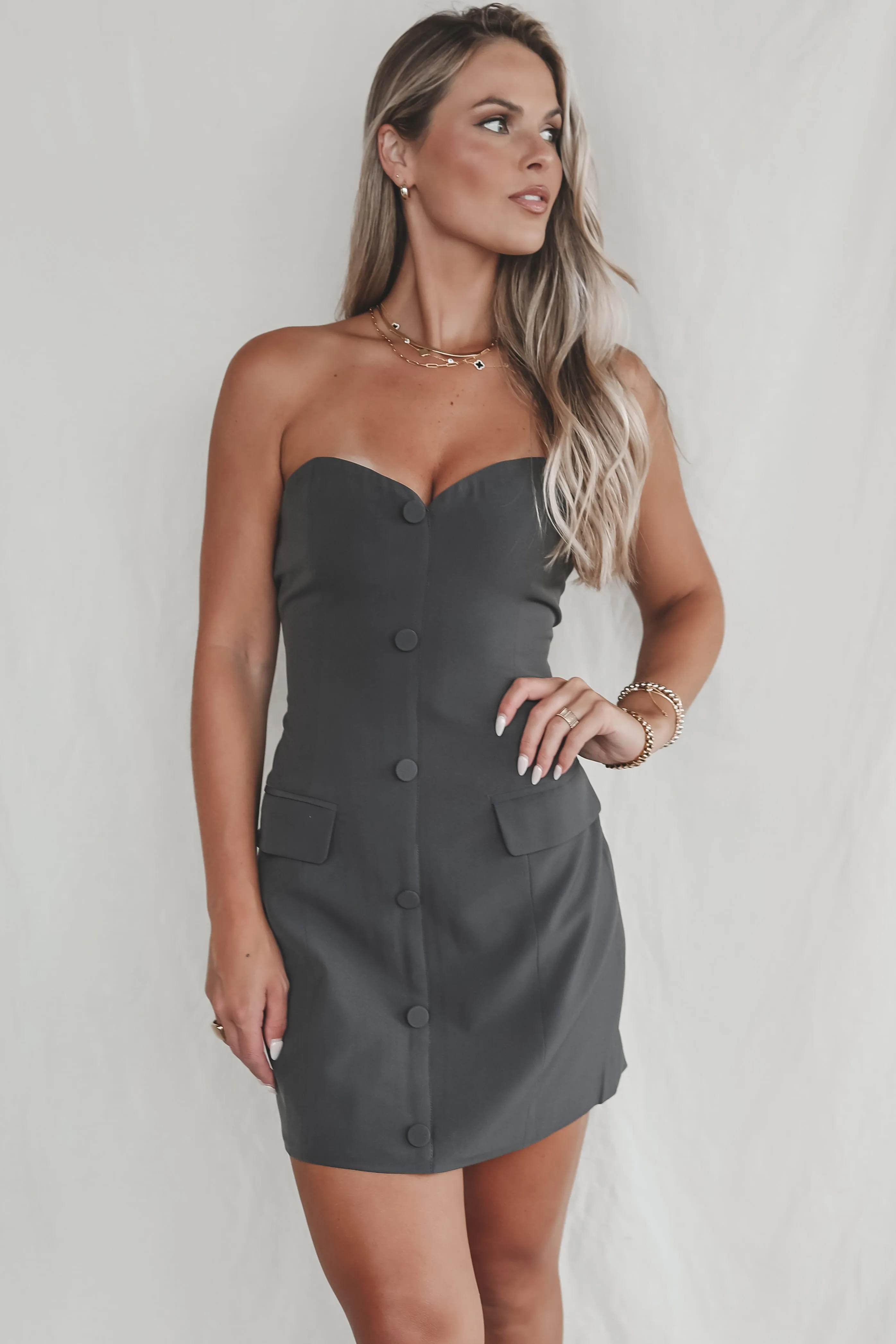 DEAL Gotta Work Cover Girl Charcoal Strapless Dress
