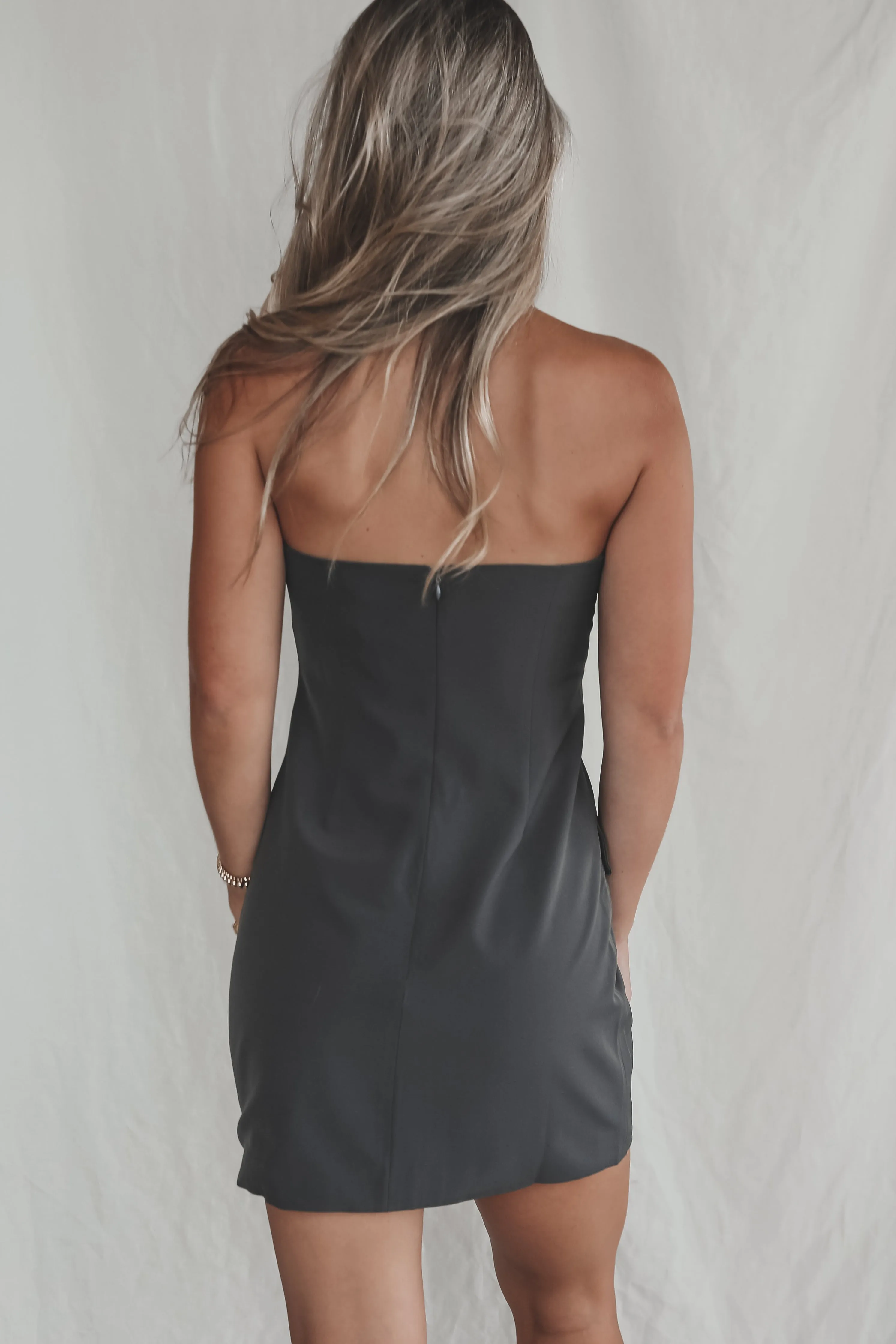 DEAL Gotta Work Cover Girl Charcoal Strapless Dress