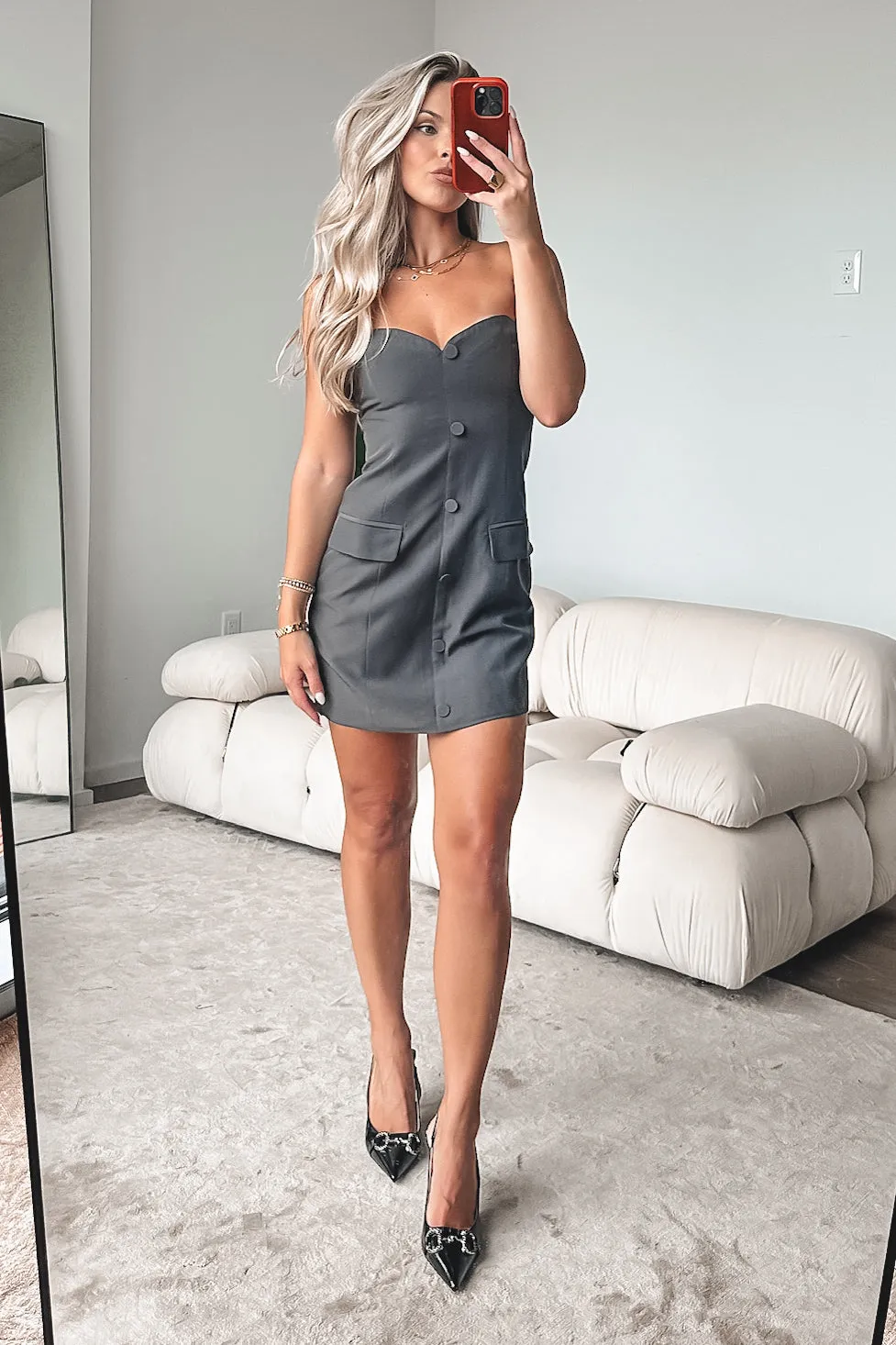 DEAL Gotta Work Cover Girl Charcoal Strapless Dress