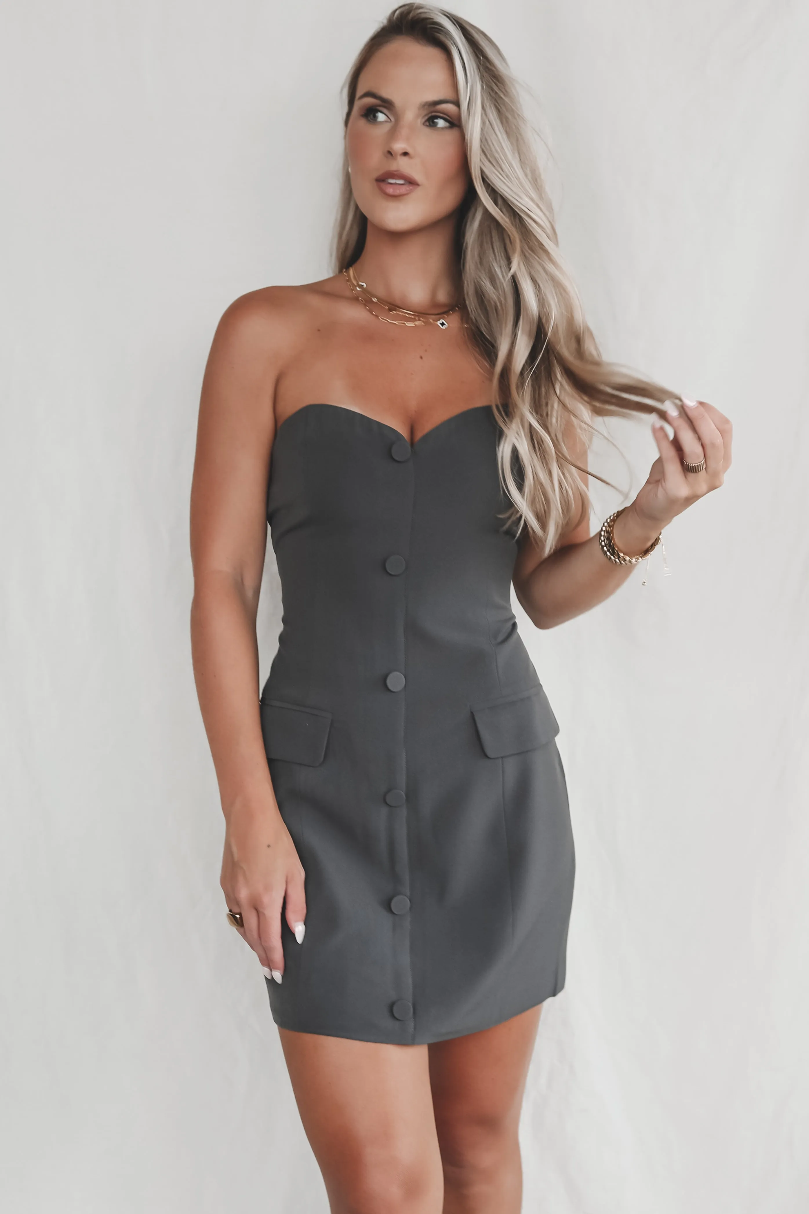 DEAL Gotta Work Cover Girl Charcoal Strapless Dress