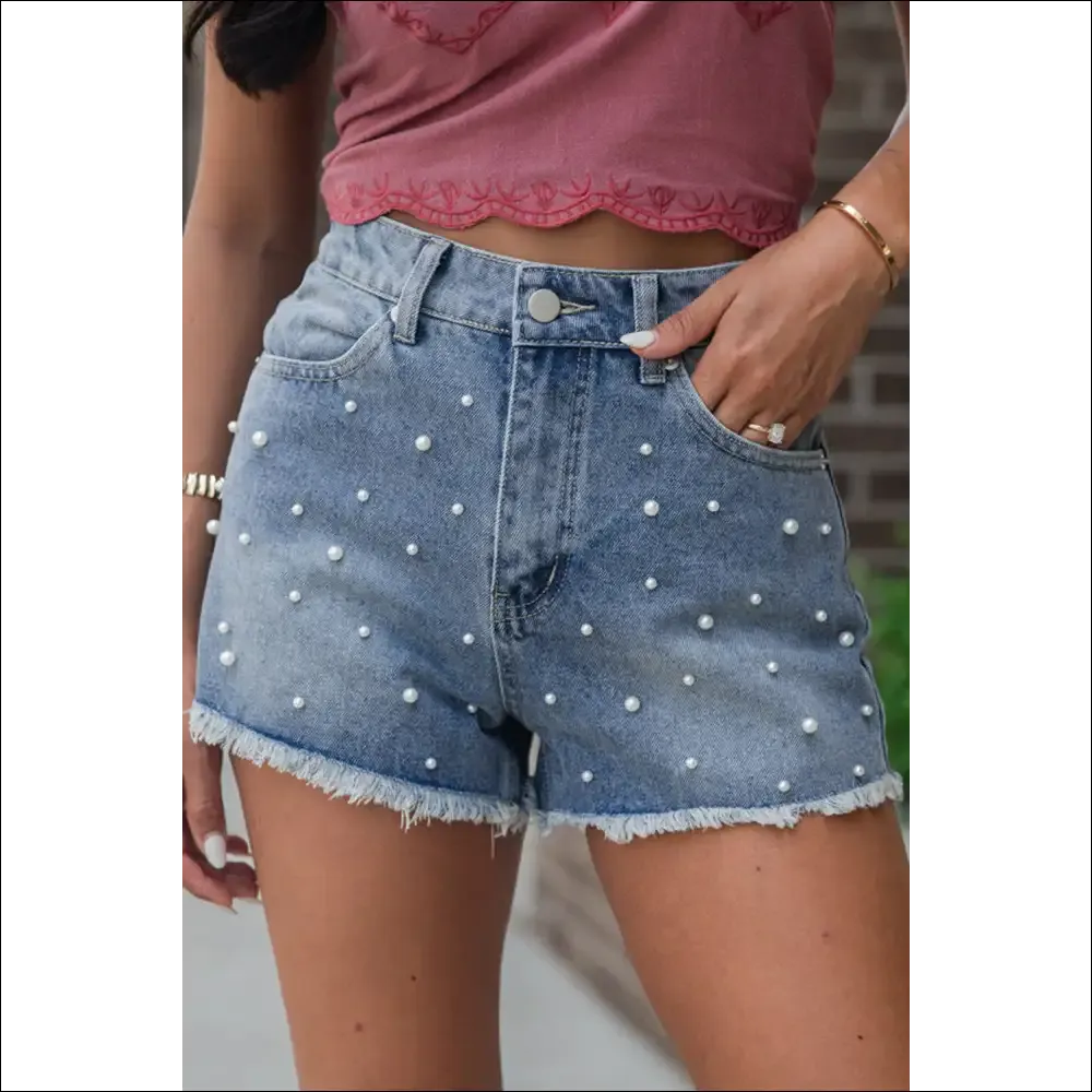 Dusk Blue Pearl Beaded Denim Shorts