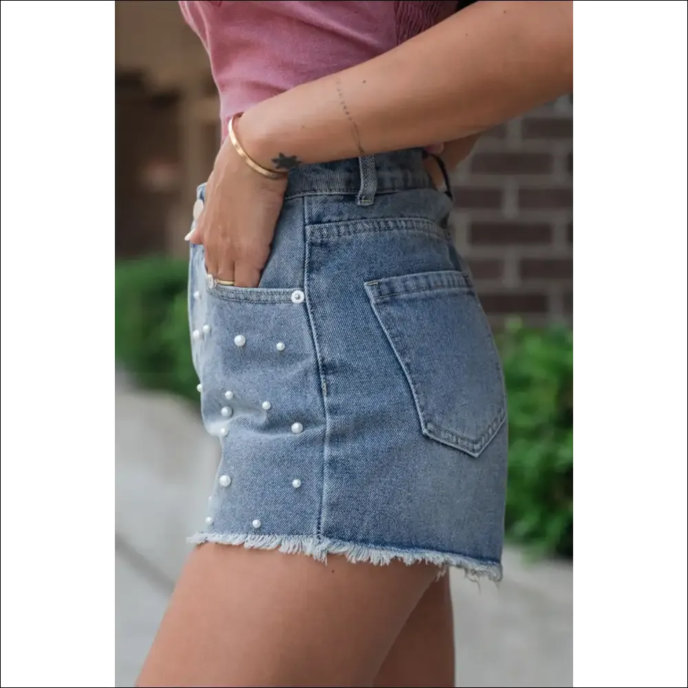 Dusk Blue Pearl Beaded Denim Shorts