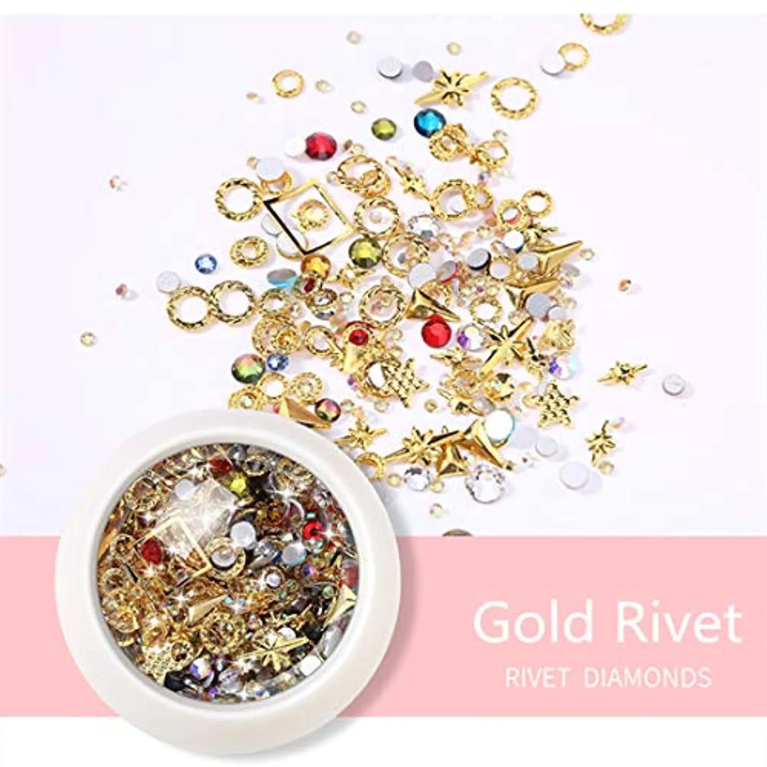 editTime 6 Wheels Mixed Sparkle Nail Art Rhinestones Diamonds Crystals Beads Artificial Pearls and Gold Silver Nail Studs Gems Metal Rivets Charms Hollow Moon Star Shaped (Micro mini stones kit)