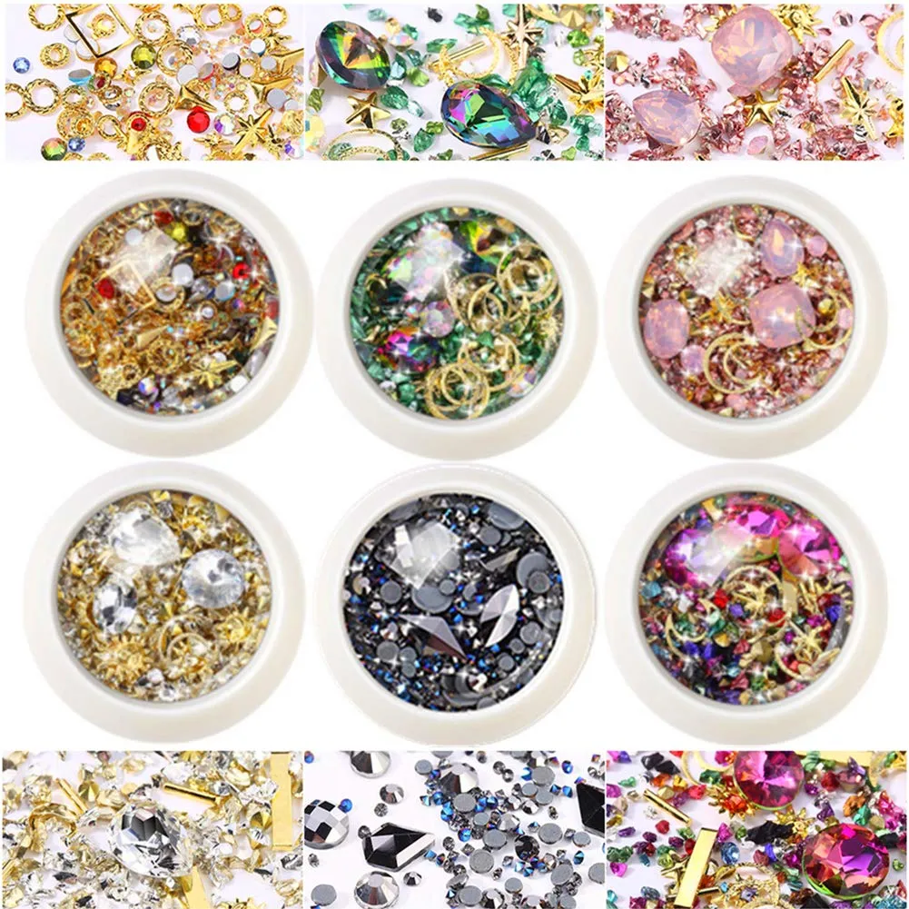 editTime 6 Wheels Mixed Sparkle Nail Art Rhinestones Diamonds Crystals Beads Artificial Pearls and Gold Silver Nail Studs Gems Metal Rivets Charms Hollow Moon Star Shaped (Micro mini stones kit)