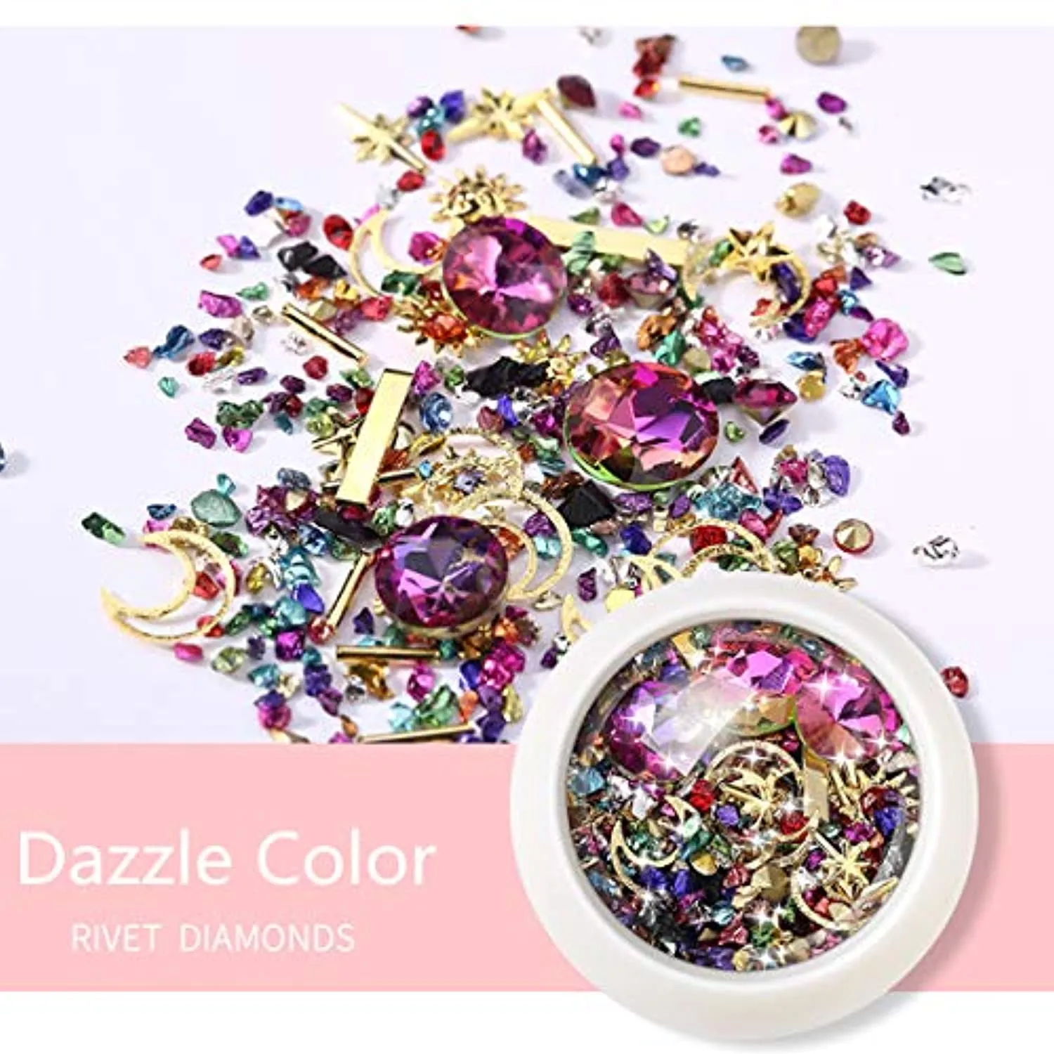 editTime 6 Wheels Mixed Sparkle Nail Art Rhinestones Diamonds Crystals Beads Artificial Pearls and Gold Silver Nail Studs Gems Metal Rivets Charms Hollow Moon Star Shaped (Micro mini stones kit)