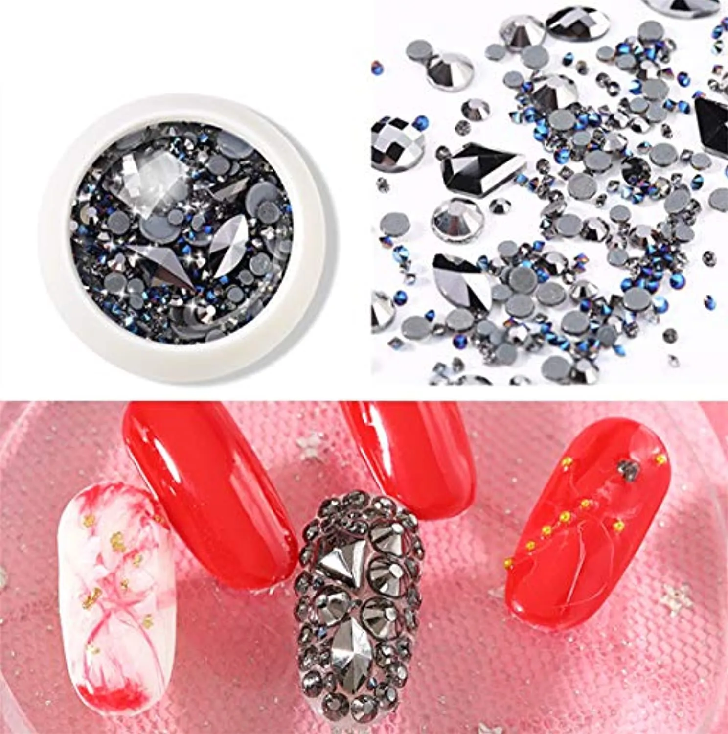 editTime 6 Wheels Mixed Sparkle Nail Art Rhinestones Diamonds Crystals Beads Artificial Pearls and Gold Silver Nail Studs Gems Metal Rivets Charms Hollow Moon Star Shaped (Micro mini stones kit)