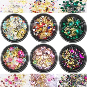 editTime 6 Wheels Mixed Sparkle Nail Art Rhinestones Diamonds Crystals Beads Artificial Pearls and Gold Silver Nail Studs Gems Metal Rivets Charms Hollow Moon Star Shaped (Micro mini stones kit)