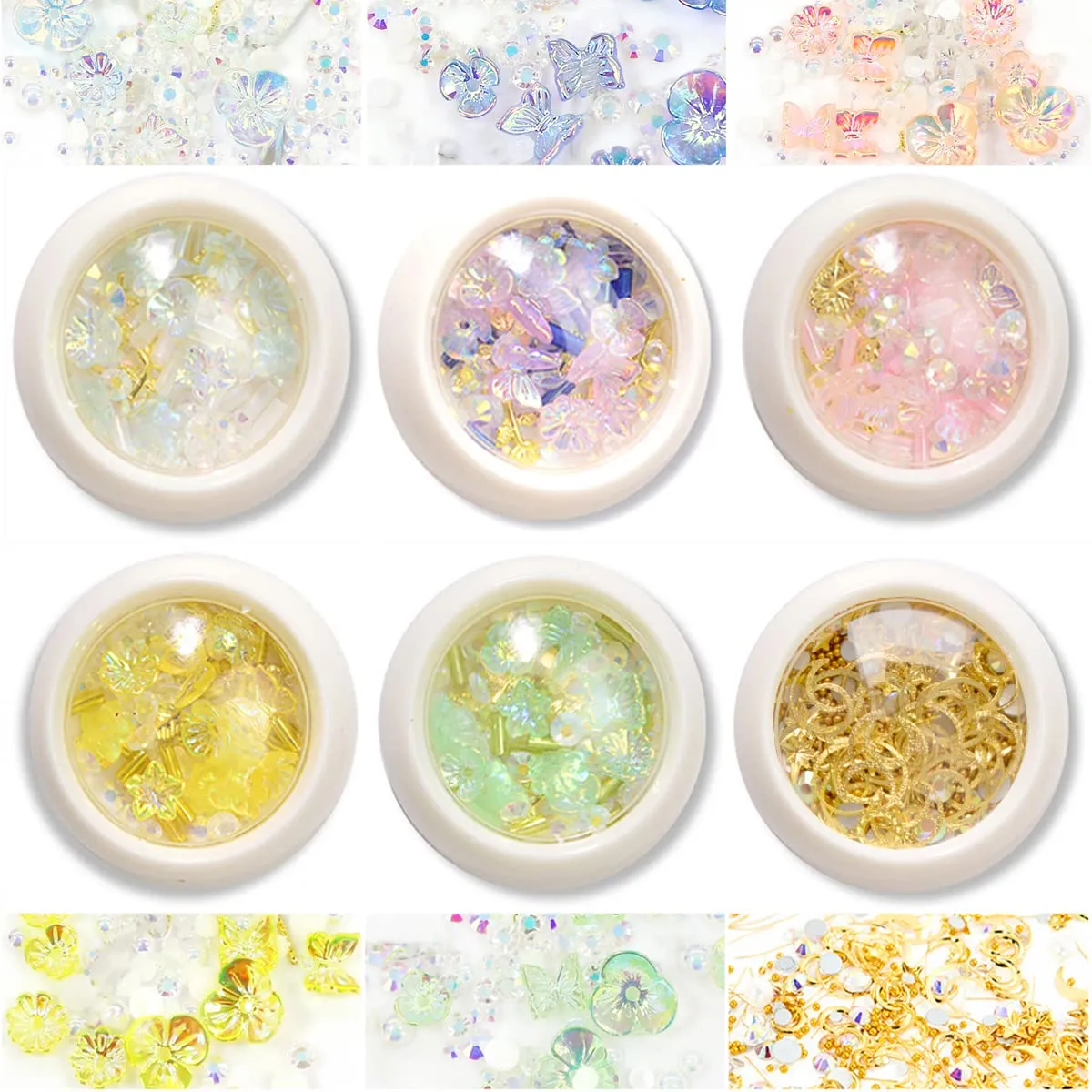 editTime 6 Wheels Mixed Sparkle Nail Art Rhinestones Diamonds Crystals Beads Artificial Pearls and Gold Silver Nail Studs Gems Metal Rivets Charms Hollow Moon Star Shaped (Micro mini stones kit)