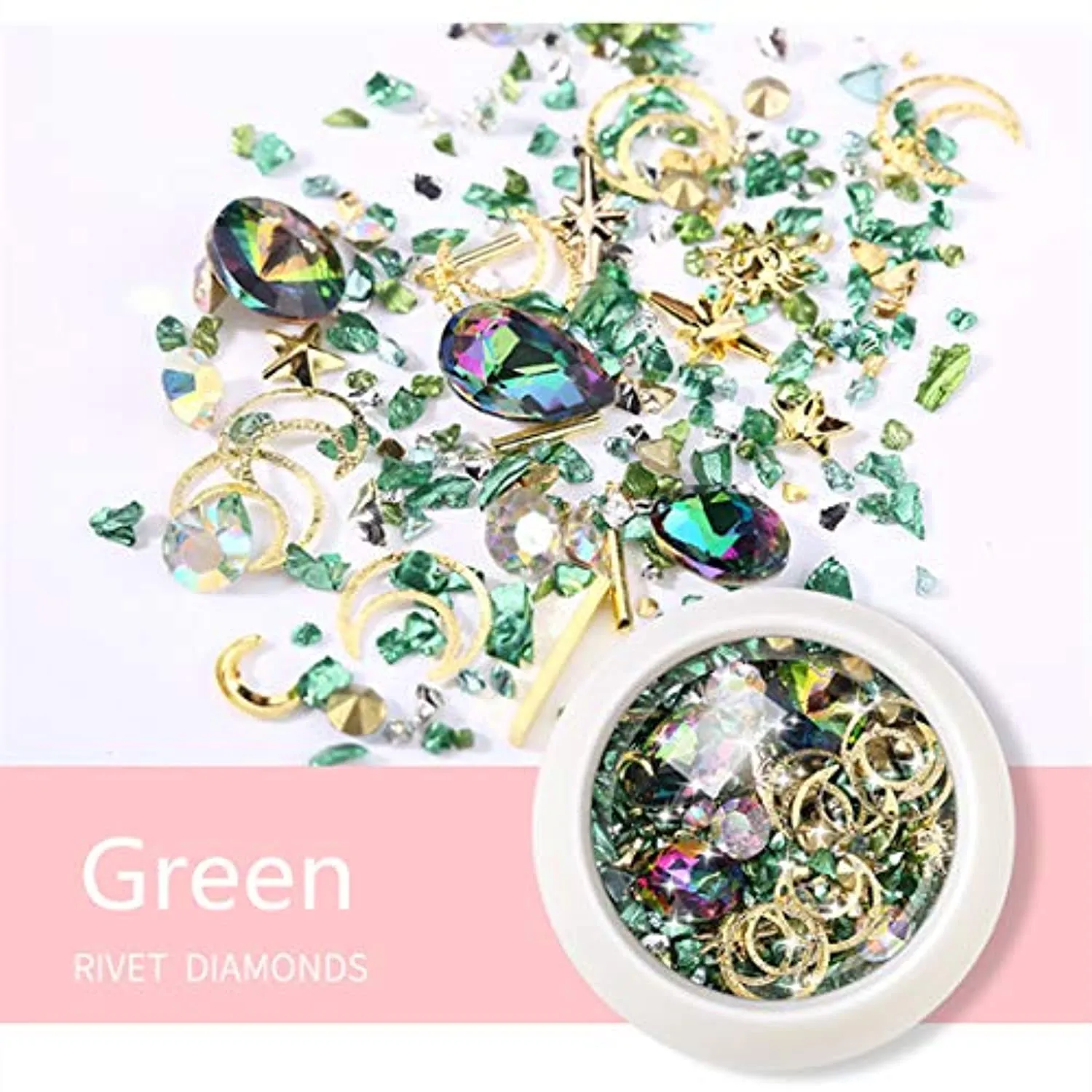 editTime 6 Wheels Mixed Sparkle Nail Art Rhinestones Diamonds Crystals Beads Artificial Pearls and Gold Silver Nail Studs Gems Metal Rivets Charms Hollow Moon Star Shaped (Micro mini stones kit)