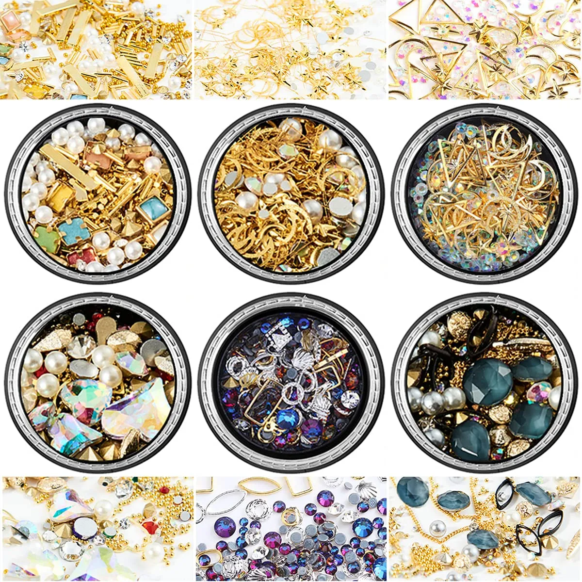 editTime 6 Wheels Mixed Sparkle Nail Art Rhinestones Diamonds Crystals Beads Artificial Pearls and Gold Silver Nail Studs Gems Metal Rivets Charms Hollow Moon Star Shaped (Micro mini stones kit)